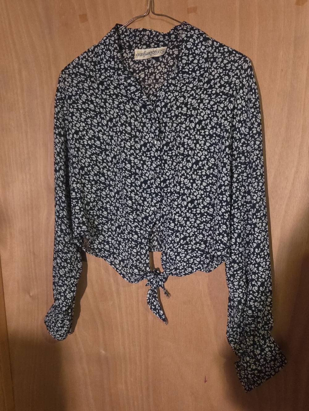 Vintage 90s Necessary Objects Navy Floral Tie-Front Blouse